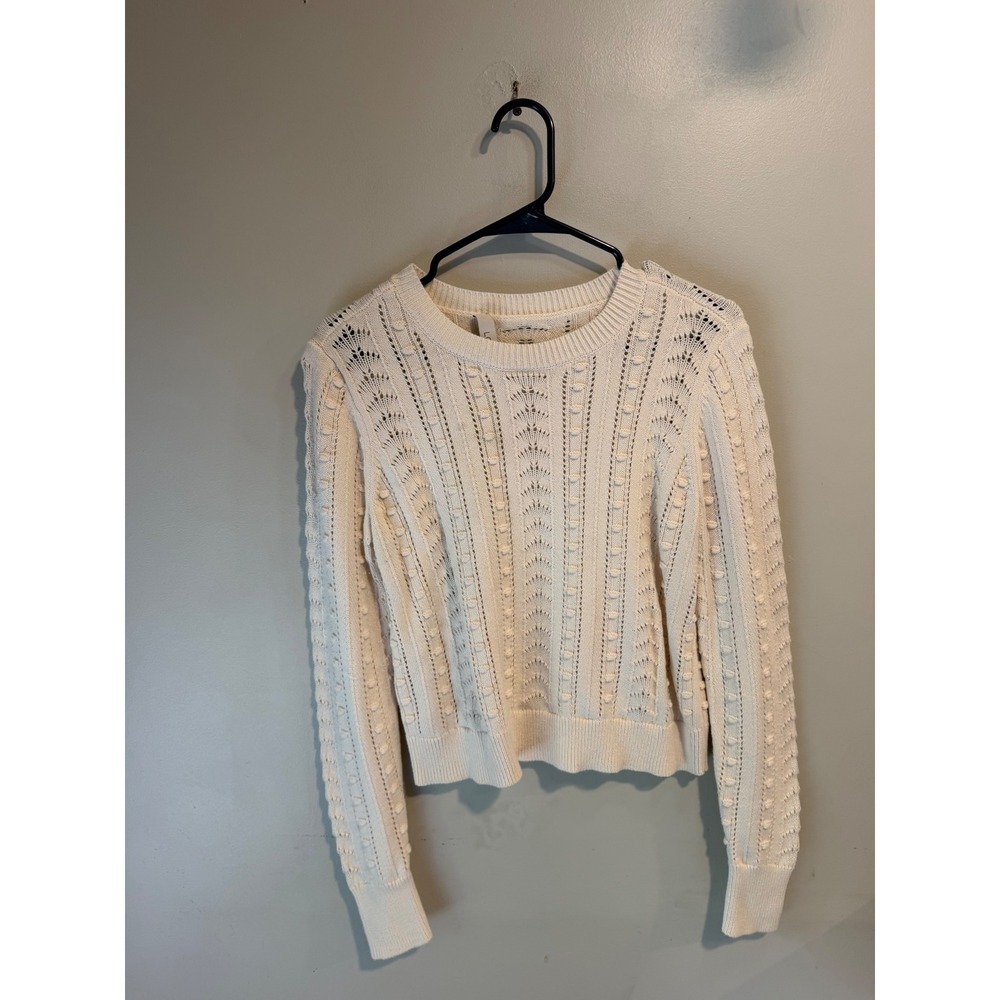 LOFT‎ Cream Pointelle Bobble Knit Cotton Sweater Womens Medium Ivory Long Sleeve